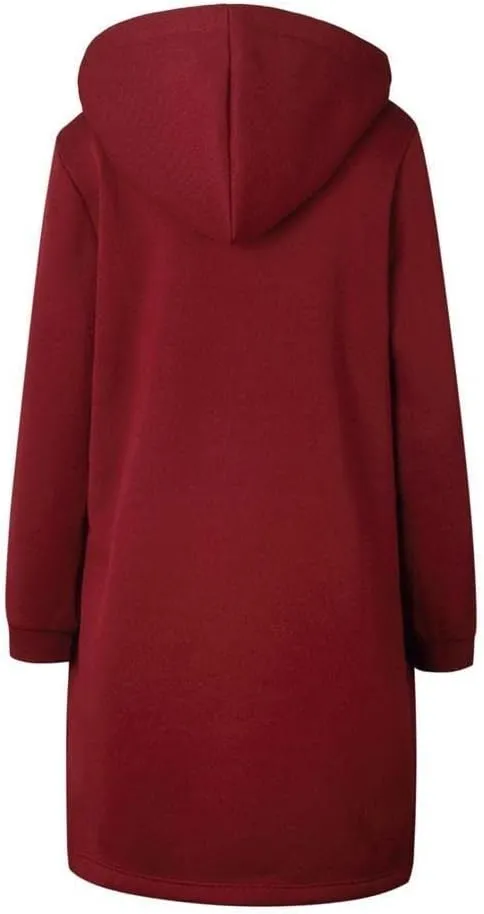 Long Jacket for Women Long Sleeve V Neck Full Zip Up Plain Trench Hooded Coat with Pocket Knee Length with Hood Outerwear