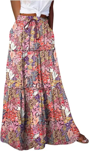 Long Skirts for Women High Waisted Ruffle Maxi Skirt Flowy Floral Boho Skirt A Line Tiered Skirt Summer Pleated Skirt