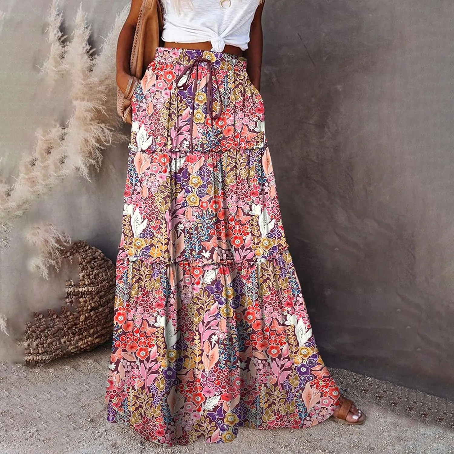 Long Skirts for Women High Waisted Ruffle Maxi Skirt Flowy Floral Boho Skirt A Line Tiered Skirt Summer Pleated Skirt