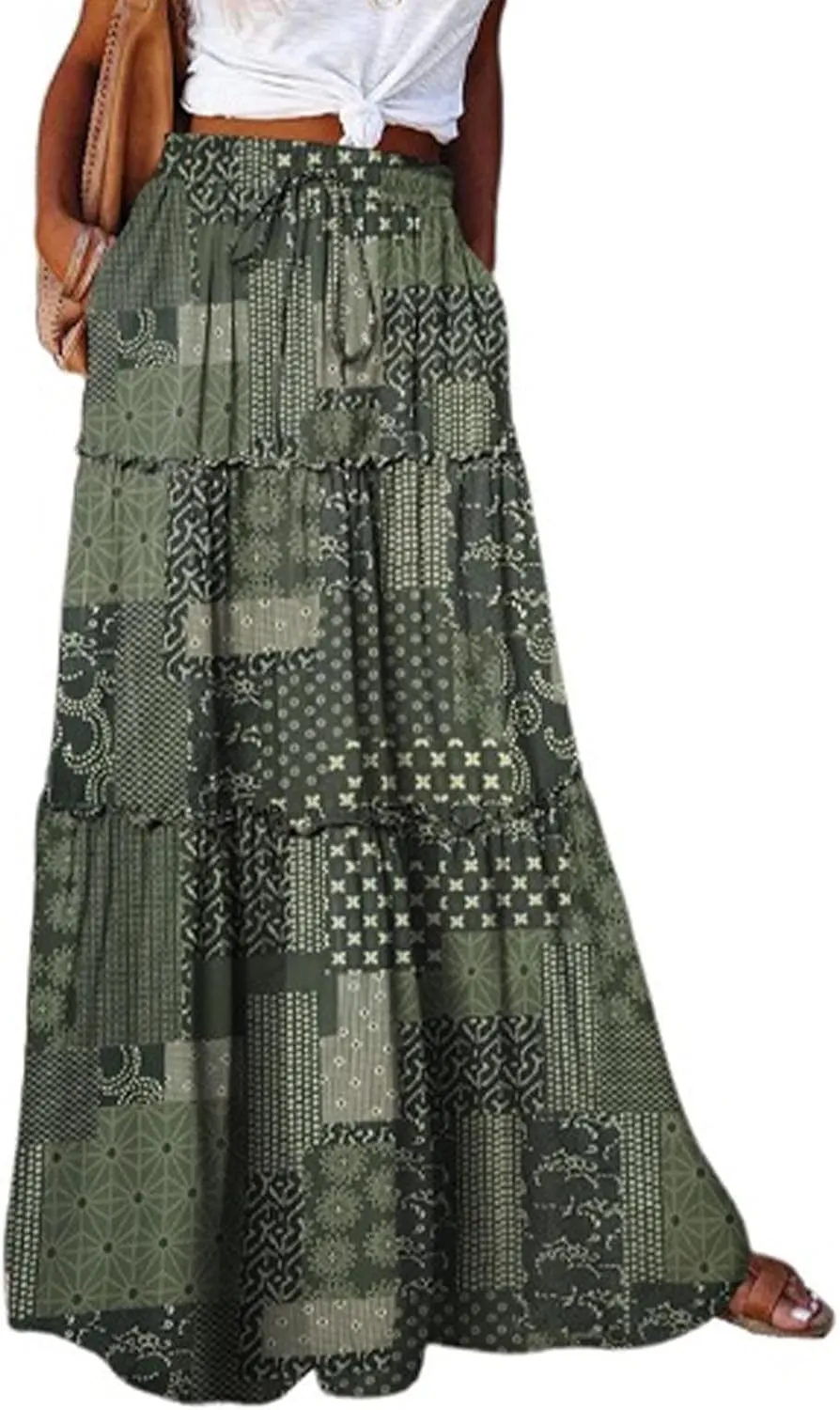 Long Skirts for Women High Waisted Ruffle Maxi Skirt Flowy Floral Boho Skirt A Line Tiered Skirt Summer Pleated Skirt