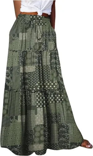 Long Skirts for Women High Waisted Ruffle Maxi Skirt Flowy Floral Boho Skirt A Line Tiered Skirt Summer Pleated Skirt