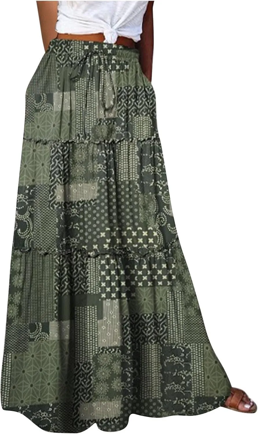 Long Skirts for Women High Waisted Ruffle Maxi Skirt Flowy Floral Boho Skirt A Line Tiered Skirt Summer Pleated Skirt