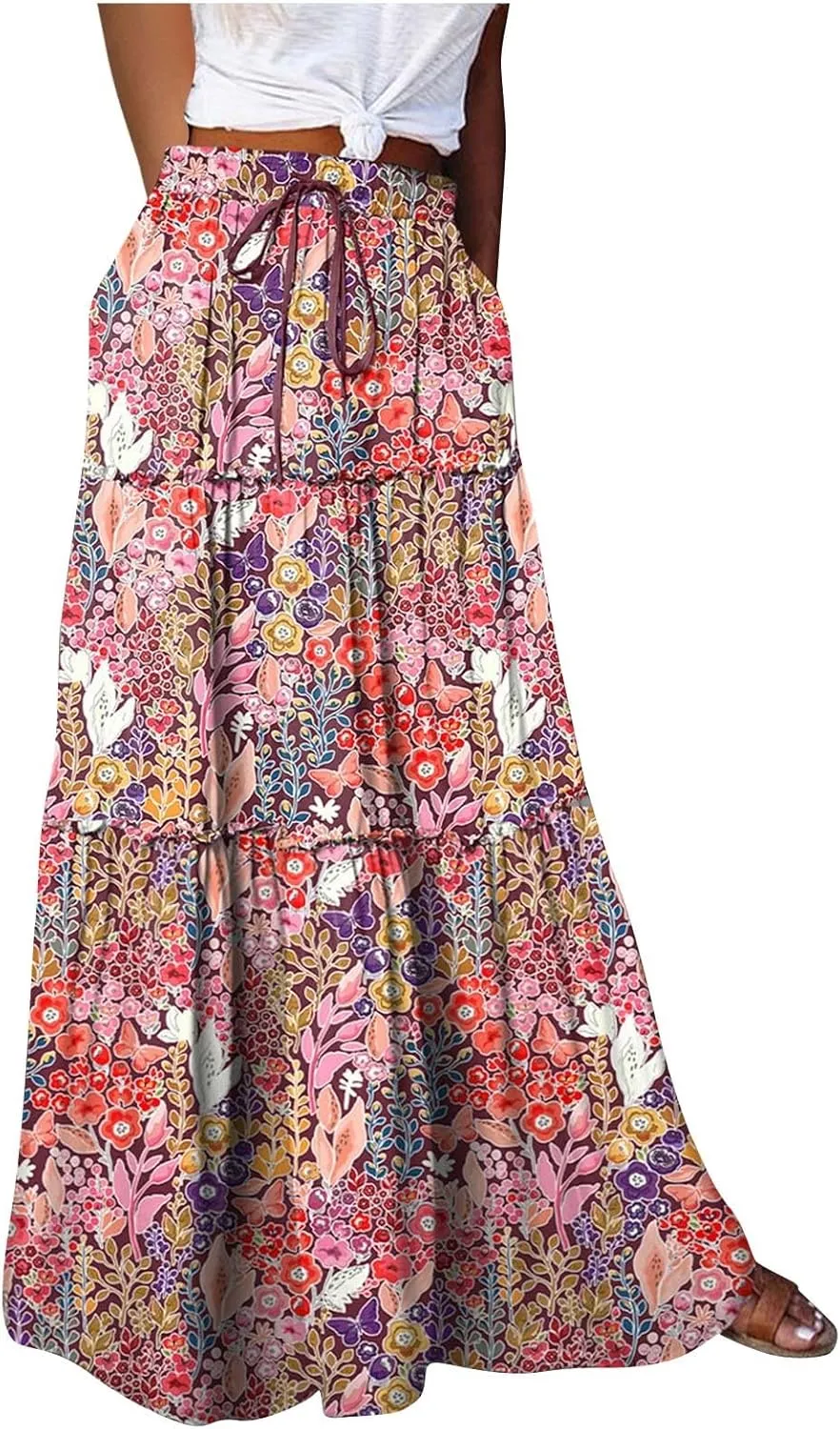 Long Skirts for Women High Waisted Ruffle Maxi Skirt Flowy Floral Boho Skirt A Line Tiered Skirt Summer Pleated Skirt