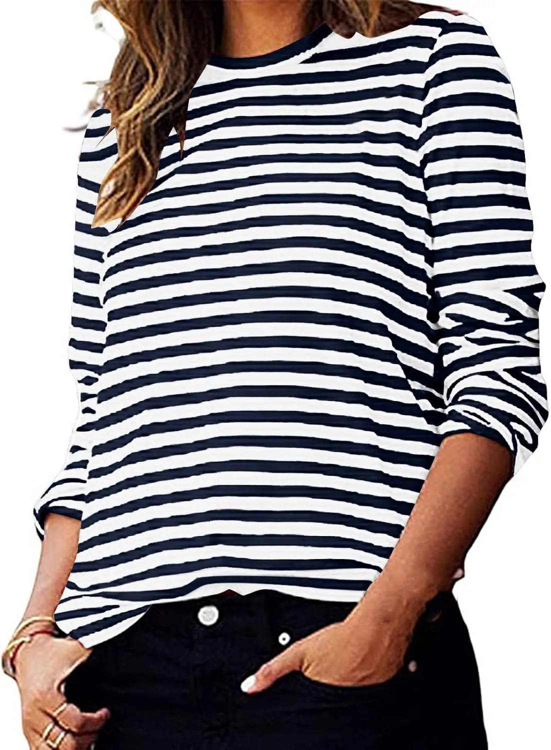 Long Sleeve Shirts for Women Striped Round Neck Shirts Basic Loose Tunic Tops Casual Pullover Y2k Outfits