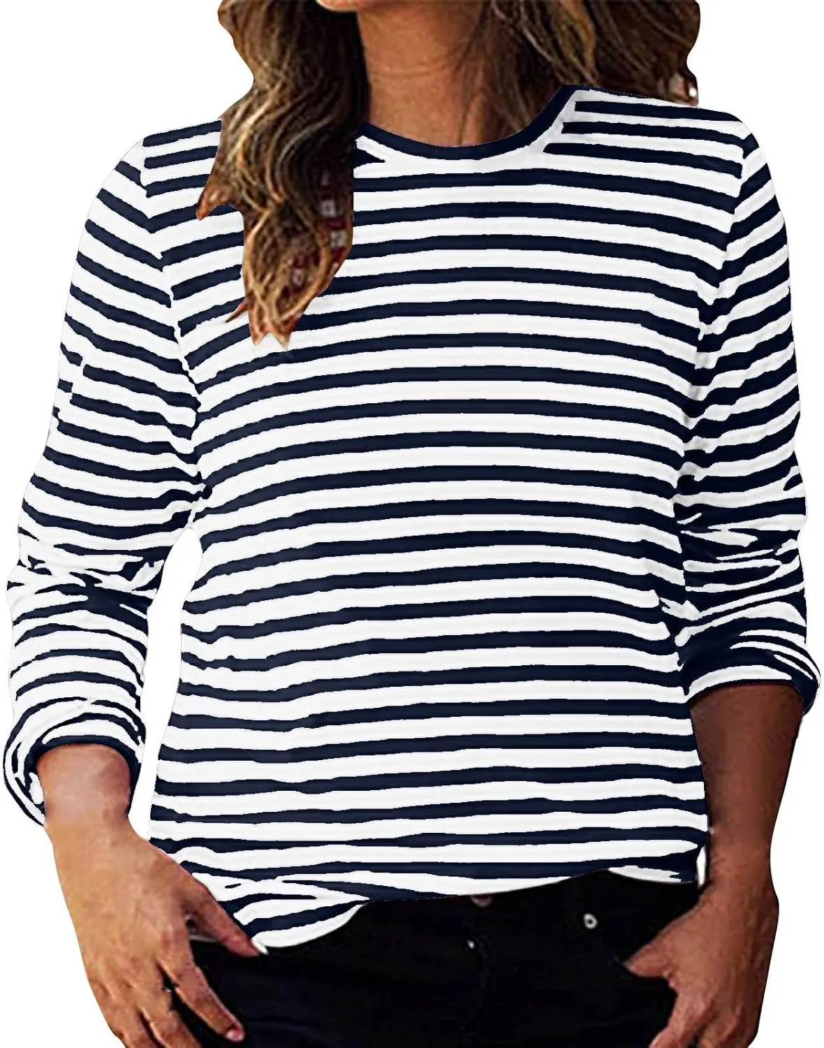 Long Sleeve Shirts for Women Striped Round Neck Shirts Basic Loose Tunic Tops Casual Pullover Y2k Outfits