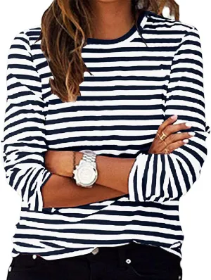 Long Sleeve Shirts for Women Striped Round Neck Shirts Basic Loose Tunic Tops Casual Pullover Y2k Outfits