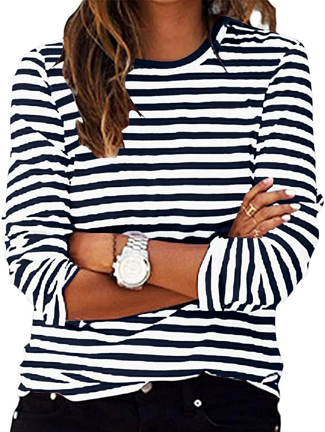 Long Sleeve Shirts for Women Striped Round Neck Shirts Basic Loose Tunic Tops Casual Pullover Y2k Outfits