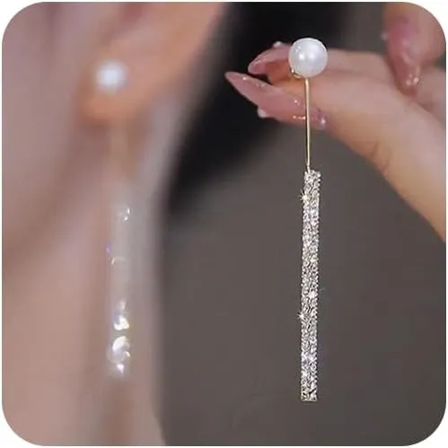 Long Tassel Pearl Dangle Earrings for Women Luxury Full Rhinestone Gold Drop Earrings Drop Dangle Earrings for Women Bridal Wedding