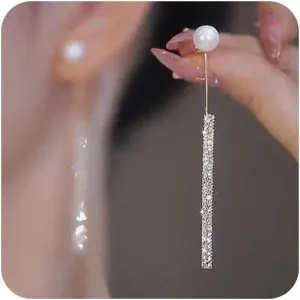 Long Tassel Pearl Dangle Earrings for Women Luxury Full Rhinestone Gold Drop Earrings Drop Dangle Earrings for Women Bridal Wedding