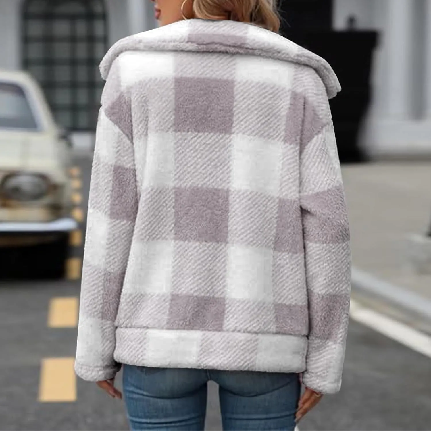 Long Winter Coats for Women Oversized Plaid Print Velvet Jackets Long Sleeve Zipper Cardigan Winter Coat Outerwear