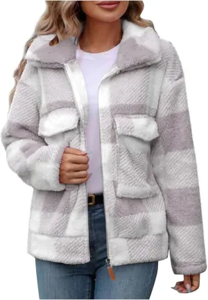 Long Winter Coats for Women Oversized Plaid Print Velvet Jackets Long Sleeve Zipper Cardigan Winter Coat Outerwear