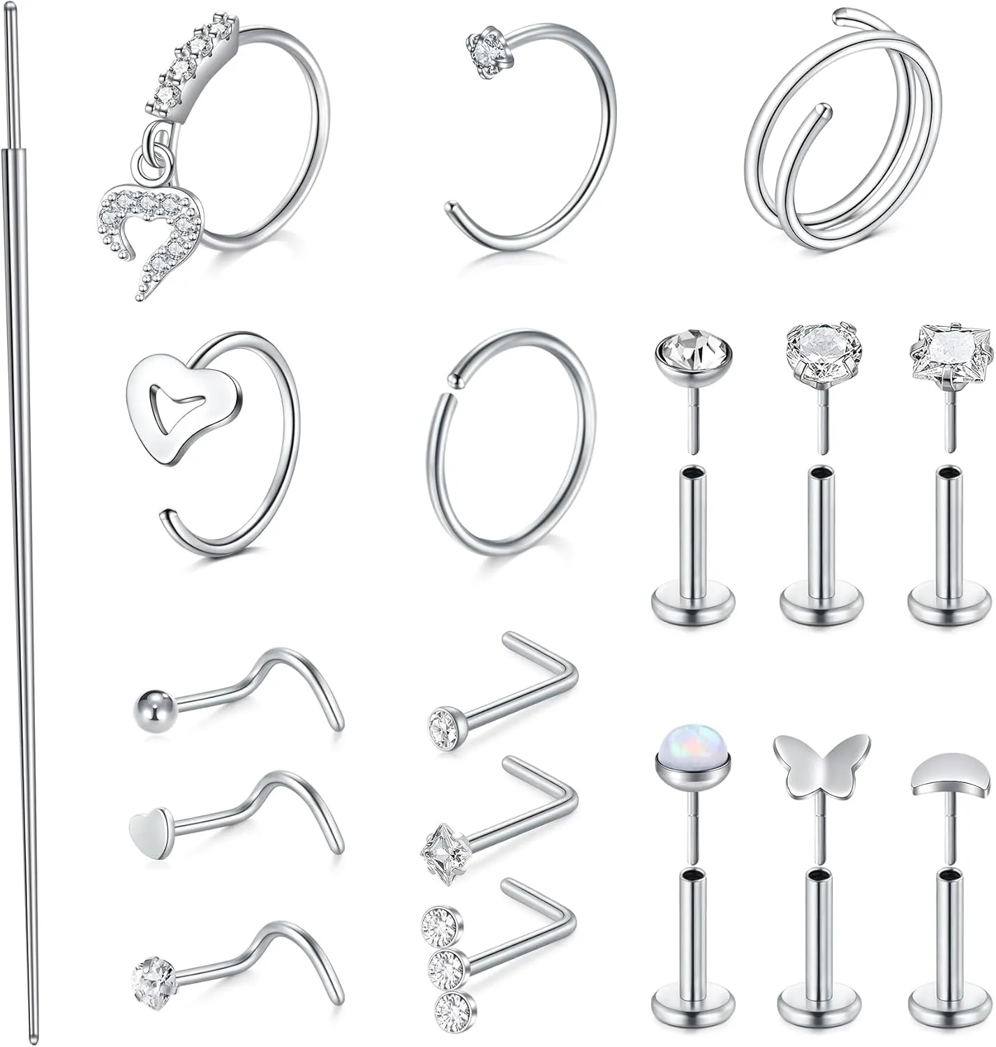 Longita 20g Nose Rings Hoop L Shape Nose Studs Stainless Steel Nose Screw Bone Flat Top Diamond Opal Heart High Nostril Piercing Jewelry Silver Rose Gold Black Pack for Women Men