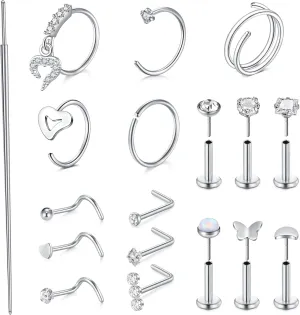 Longita 20g Nose Rings Hoop L Shape Nose Studs Stainless Steel Nose Screw Bone Flat Top Diamond Opal Heart High Nostril Piercing Jewelry Silver Rose Gold Black Pack for Women Men