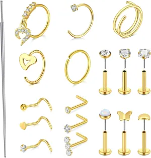 Longita 20g Nose Rings Hoop L Shape Nose Studs Stainless Steel Nose Screw Bone Flat Top Diamond Opal Heart High Nostril Piercing Jewelry Silver Rose Gold Black Pack for Women Men