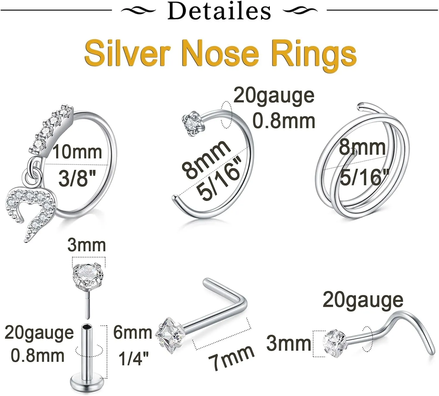 Longita 20g Nose Rings Hoop L Shape Nose Studs Stainless Steel Nose Screw Bone Flat Top Diamond Opal Heart High Nostril Piercing Jewelry Silver Rose Gold Black Pack for Women Men