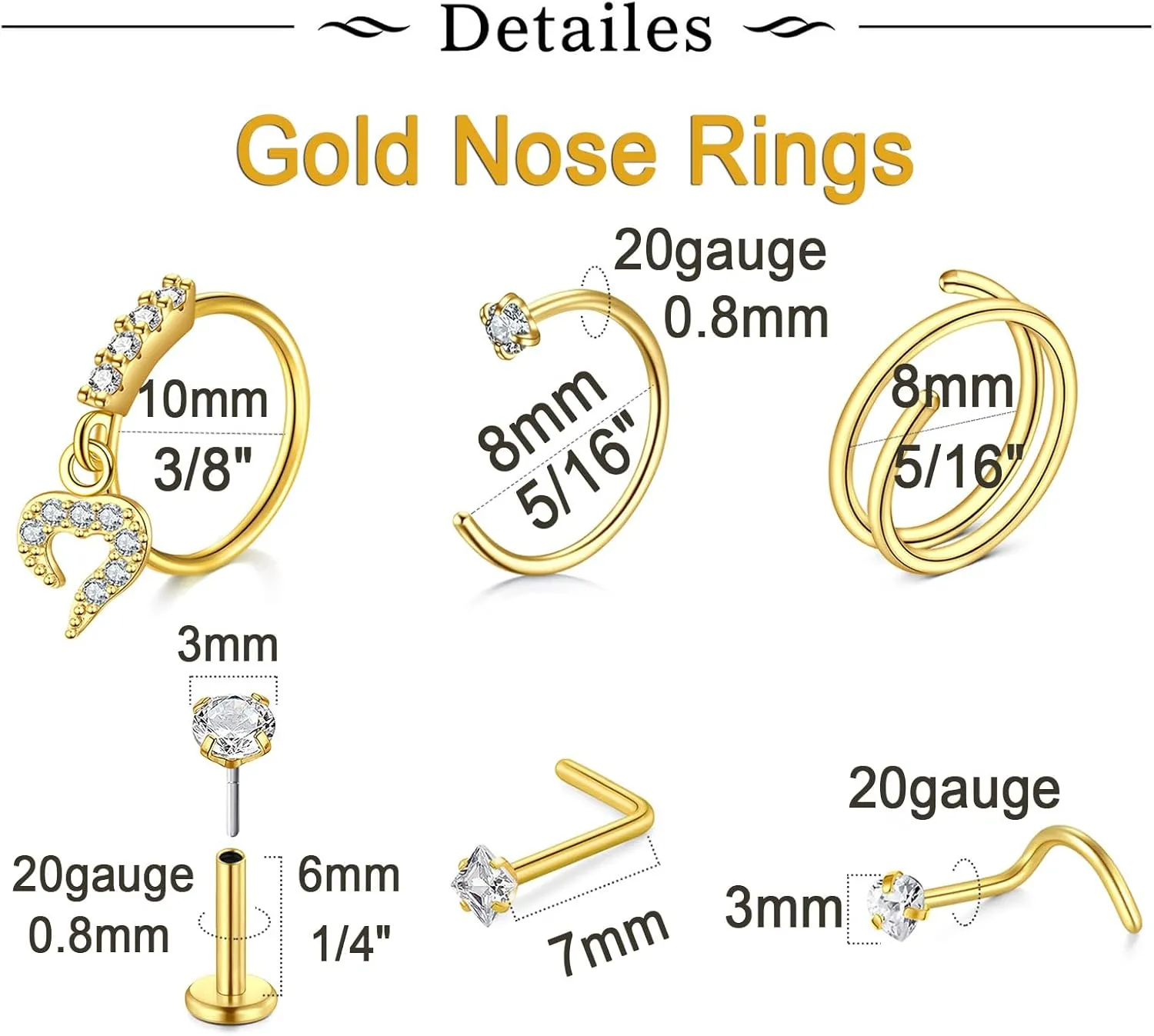 Longita 20g Nose Rings Hoop L Shape Nose Studs Stainless Steel Nose Screw Bone Flat Top Diamond Opal Heart High Nostril Piercing Jewelry Silver Rose Gold Black Pack for Women Men