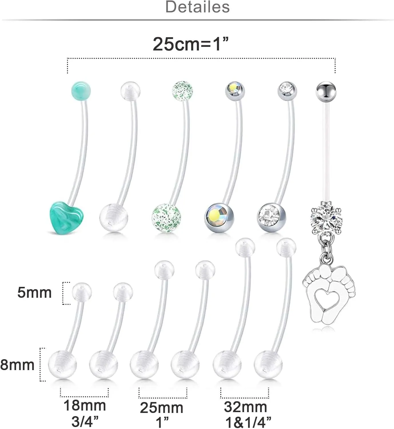 Longita Plastic Pregnancy Belly Button Rings Long Bar Navel Rings for Maternity Sport Pregnant Women Flexible Clear Belly Piercing Retainer Different Length bar and Balls for Replacement 10-32mm