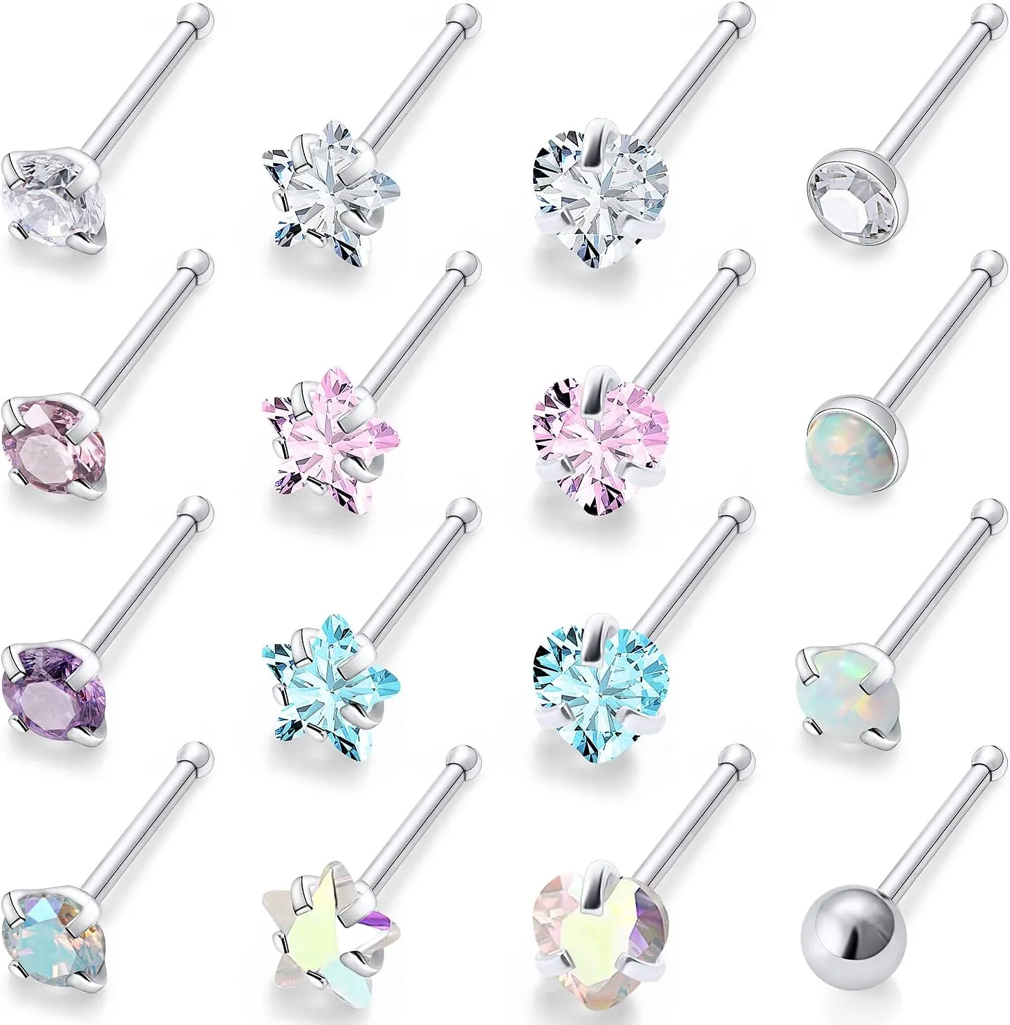 Lsnevsie 20G Stainless Steel Opal Nose Rings Studs for Women Men Nose Piercing Jewelry Top Diamond 2mm 3mm