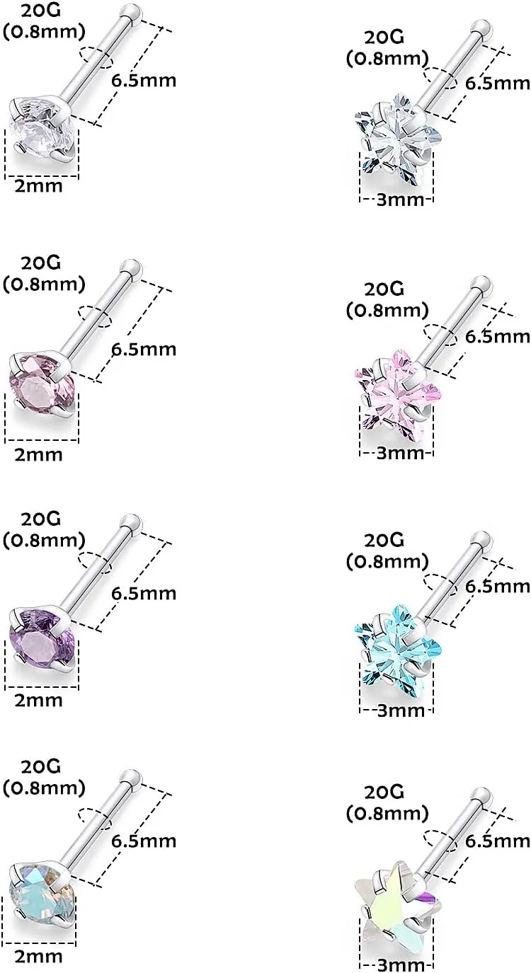 Lsnevsie 20G Stainless Steel Opal Nose Rings Studs for Women Men Nose Piercing Jewelry Top Diamond 2mm 3mm