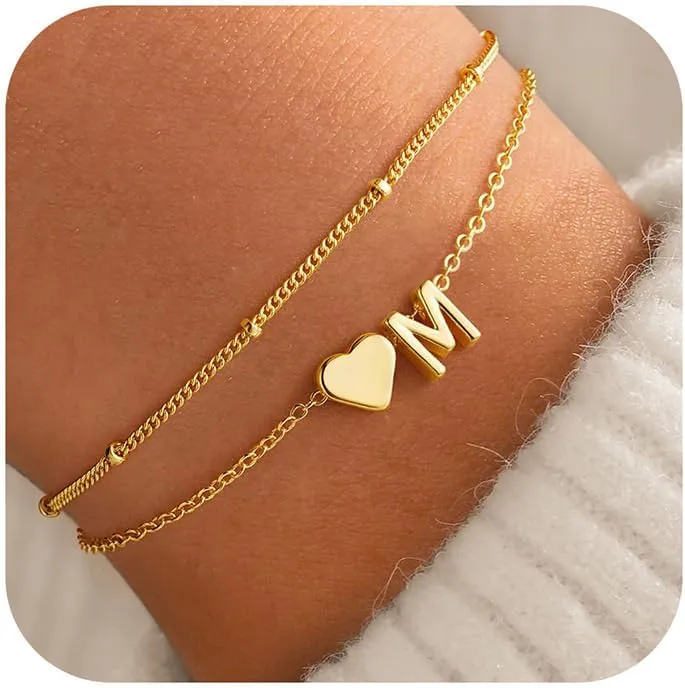 M MOOHAM Initial Heart Gold Bracelets for Women - Layered Dainty Gold Heart Letter A-Z Charm Bracelets for Women, Chain Link Charm Bracelets Beaded Bracelets Birthday Gifts Womens Jewelry