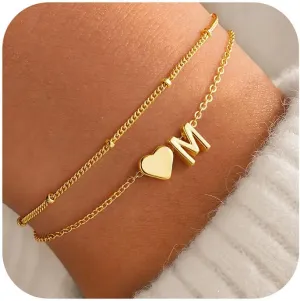 M MOOHAM Initial Heart Gold Bracelets for Women - Layered Dainty Gold Heart Letter A-Z Charm Bracelets for Women, Chain Link Charm Bracelets Beaded Bracelets Birthday Gifts Womens Jewelry