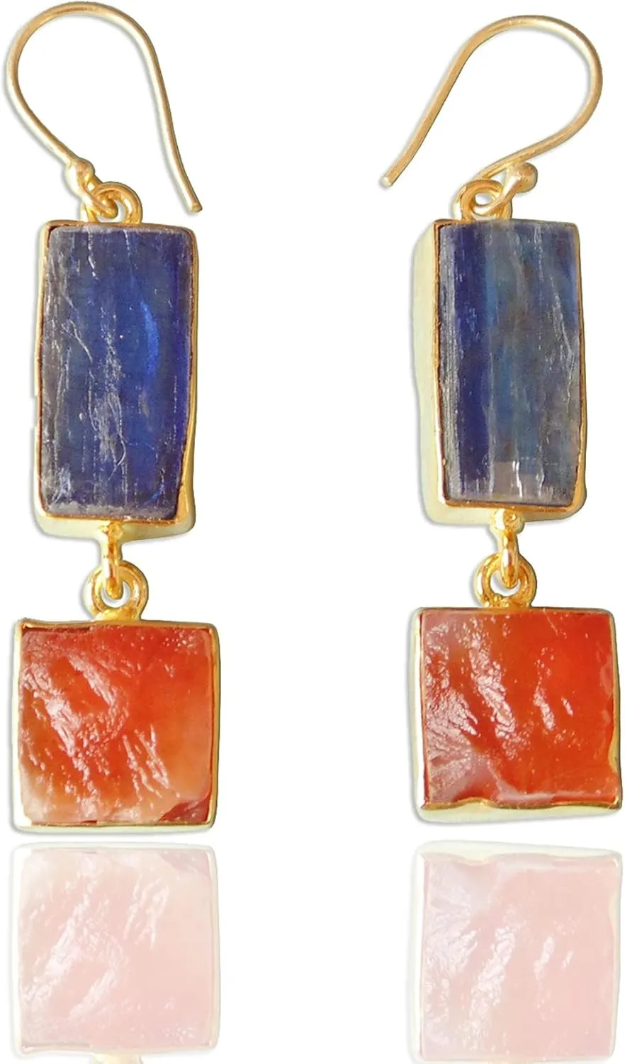 Made In 18K Gold Plated Natural Blue Kyanite And Carnelian Dual Birthstone Dangle Earrings