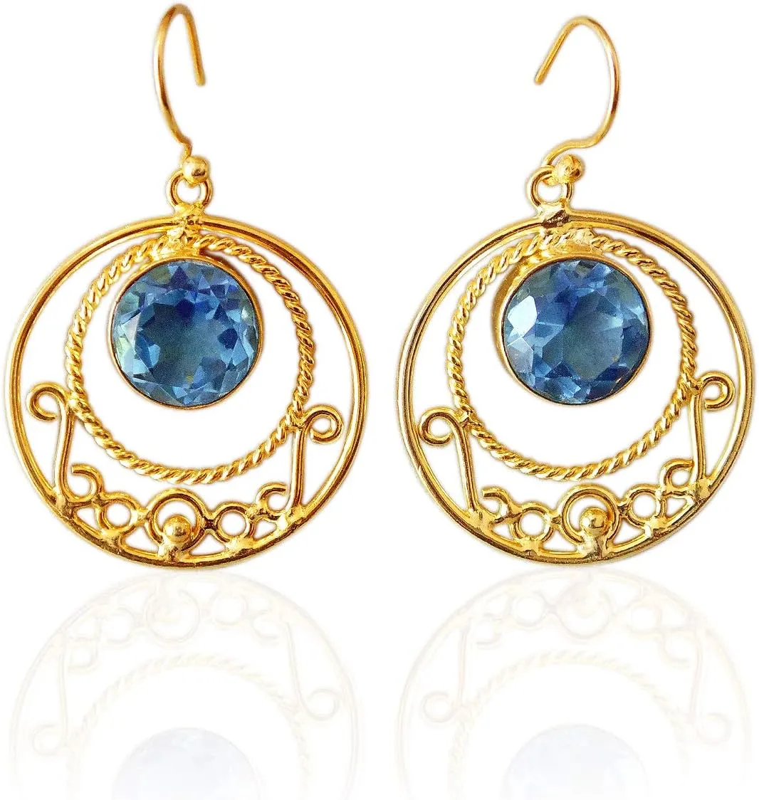 Made In 18K Gold Plated Over Brass And Hydro Blue Topaz Gemstone Designer Dangle Earrings