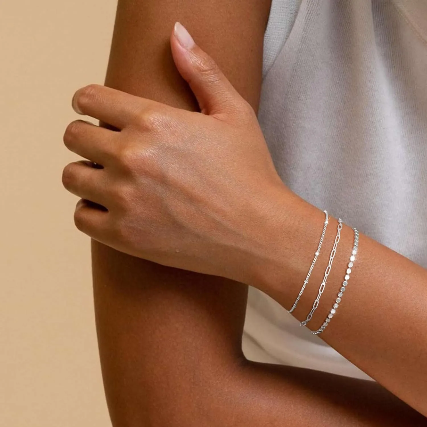 MBW Silver Bracelet Set - Dainty 14K Silver Bracelets, Waterproof, Trendy Minimalist, Small Thin Bracelets for Women, Gift