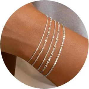 MBW Silver Bracelet Set - Dainty 14K Silver Bracelets, Waterproof, Trendy Minimalist, Small Thin Bracelets for Women, Gift