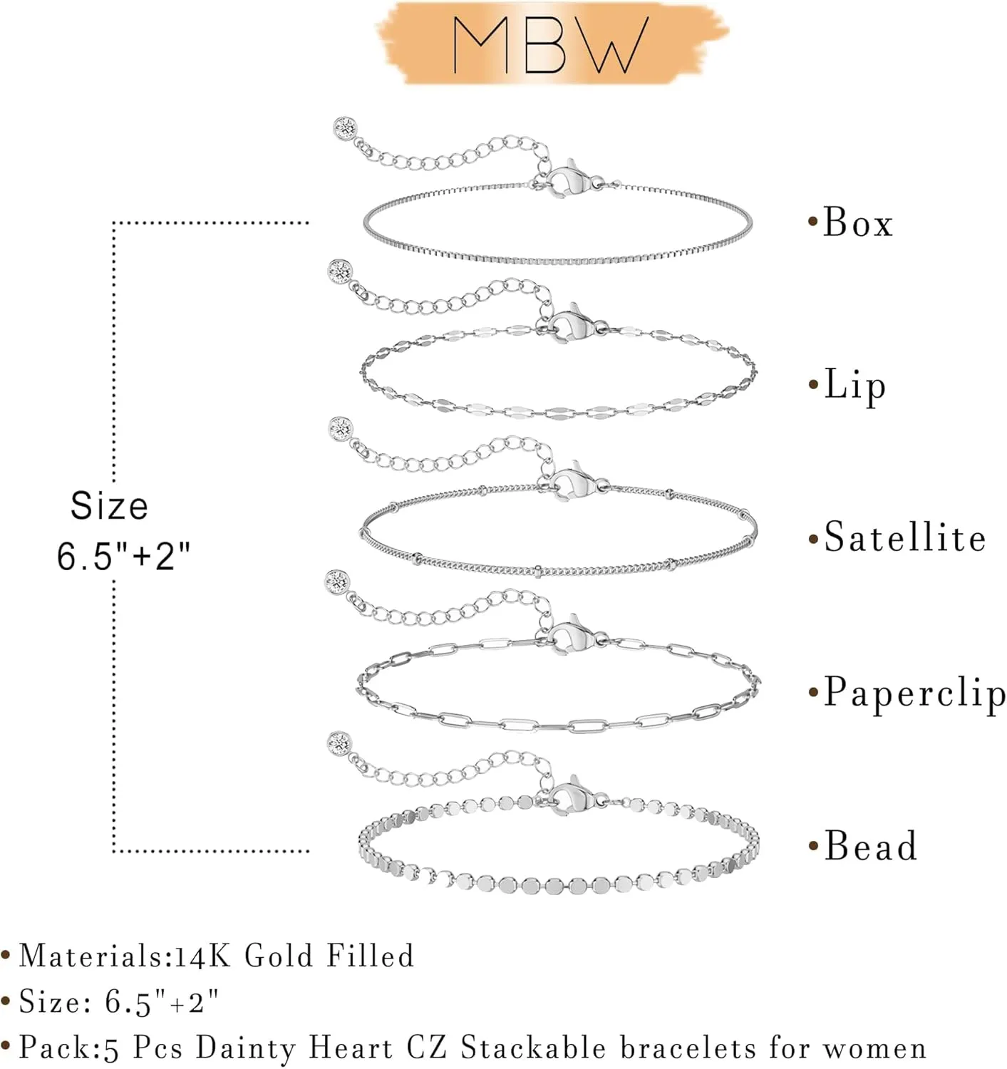 MBW Silver Bracelet Set - Dainty 14K Silver Bracelets, Waterproof, Trendy Minimalist, Small Thin Bracelets for Women, Gift
