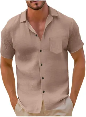 Mens Casual Cotton Linen Shirt Short Sleeve Button Down Blouse Summer Beach Top Solid Color Wedding Party Shirts