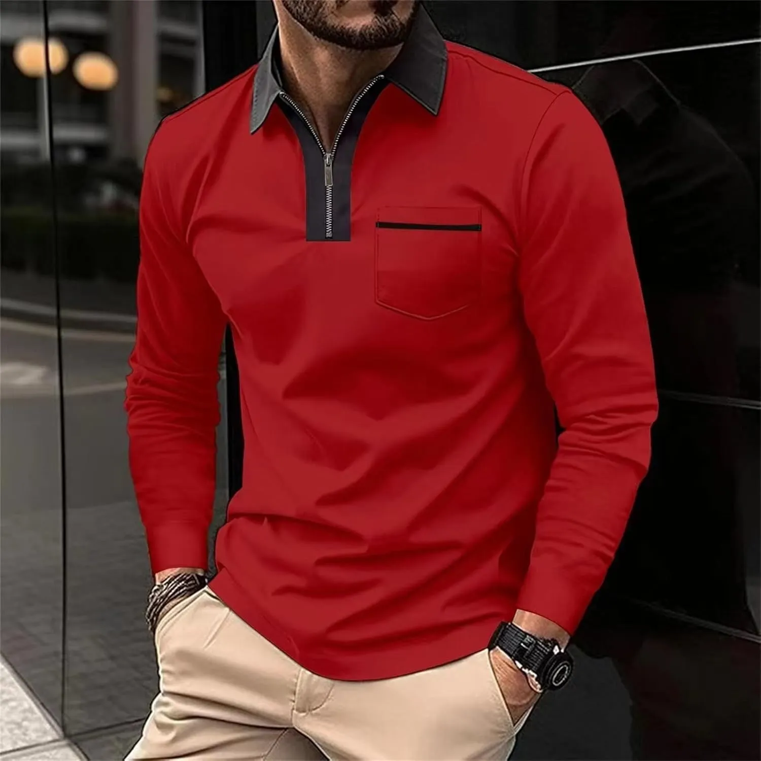 Mens Casual Quarter Zip Polo Shirt Business Office Work Slim Fit Long Sleeve Stretch Lightweight Sports Golf Collared T Shirt