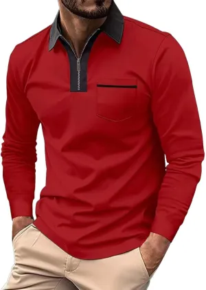 Mens Casual Quarter Zip Polo Shirt Business Office Work Slim Fit Long Sleeve Stretch Lightweight Sports Golf Collared T Shirt