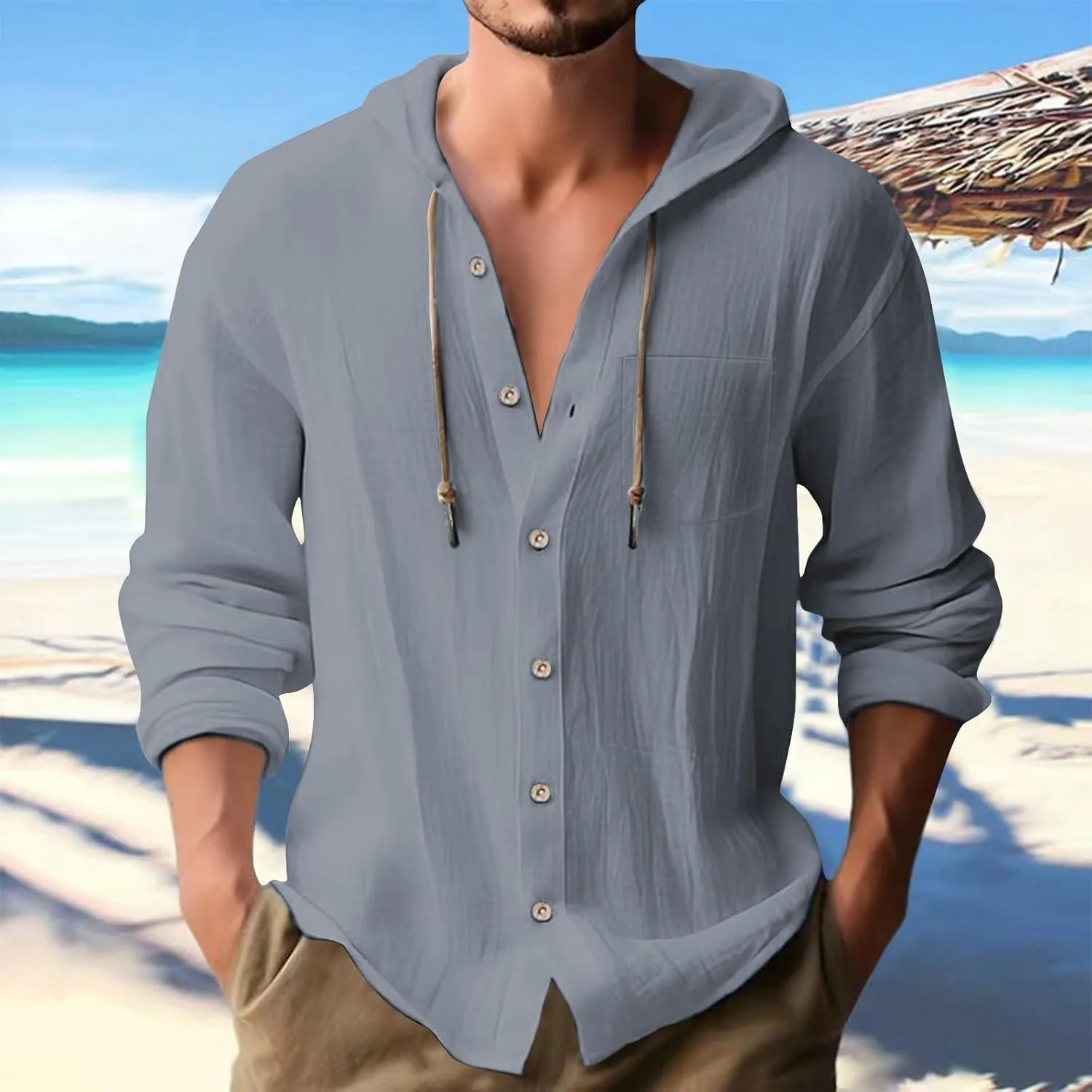 Mens Cotton Linen Shirts Casual Button Down Long Sleeve Hoodies Lightweight Summer Casual Hawaiian Beach Yoga Shirts