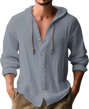 Mens Cotton Linen Shirts Casual Button Down Long Sleeve Hoodies Lightweight Summer Casual Hawaiian Beach Yoga Shirts