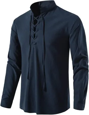 Mens Cotton Linen Shirts Long Sleeve Lace up Vintage Henley Shirt Loose Lightweight Beach Vacation Tops Hippie Outfit