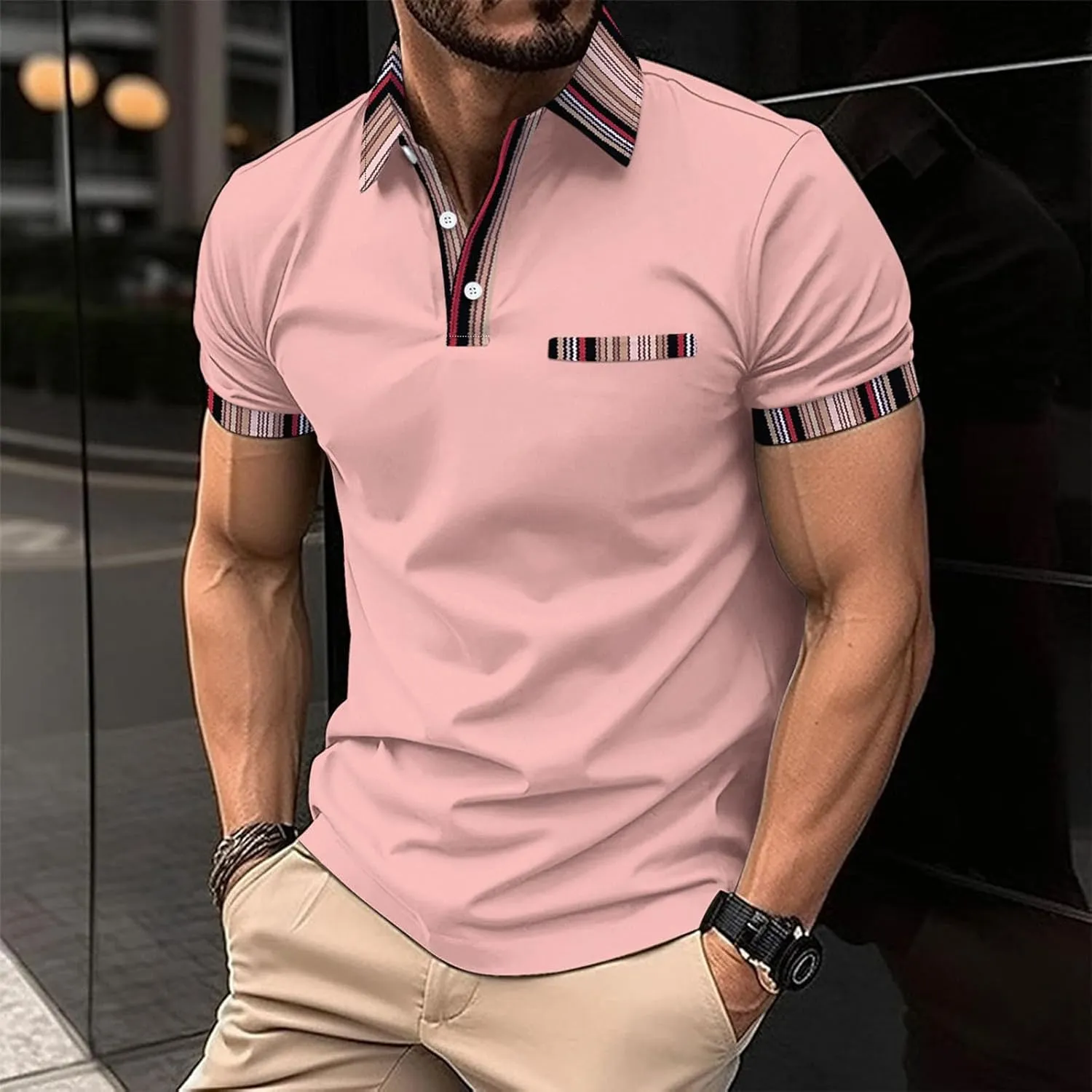 Men's Fashion Polo Shirt Casual Button Short Sleeve T-Shirts Classic Basic Plaid Collar Slim Athletic Golf Tops with Pocket