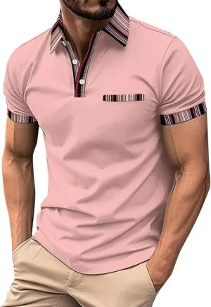 Men's Fashion Polo Shirt Casual Button Short Sleeve T-Shirts Classic Basic Plaid Collar Slim Athletic Golf Tops with Pocket