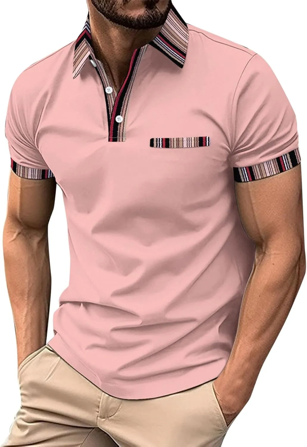 Men's Fashion Polo Shirt Casual Button Short Sleeve T-Shirts Classic Basic Plaid Collar Slim Athletic Golf Tops with Pocket