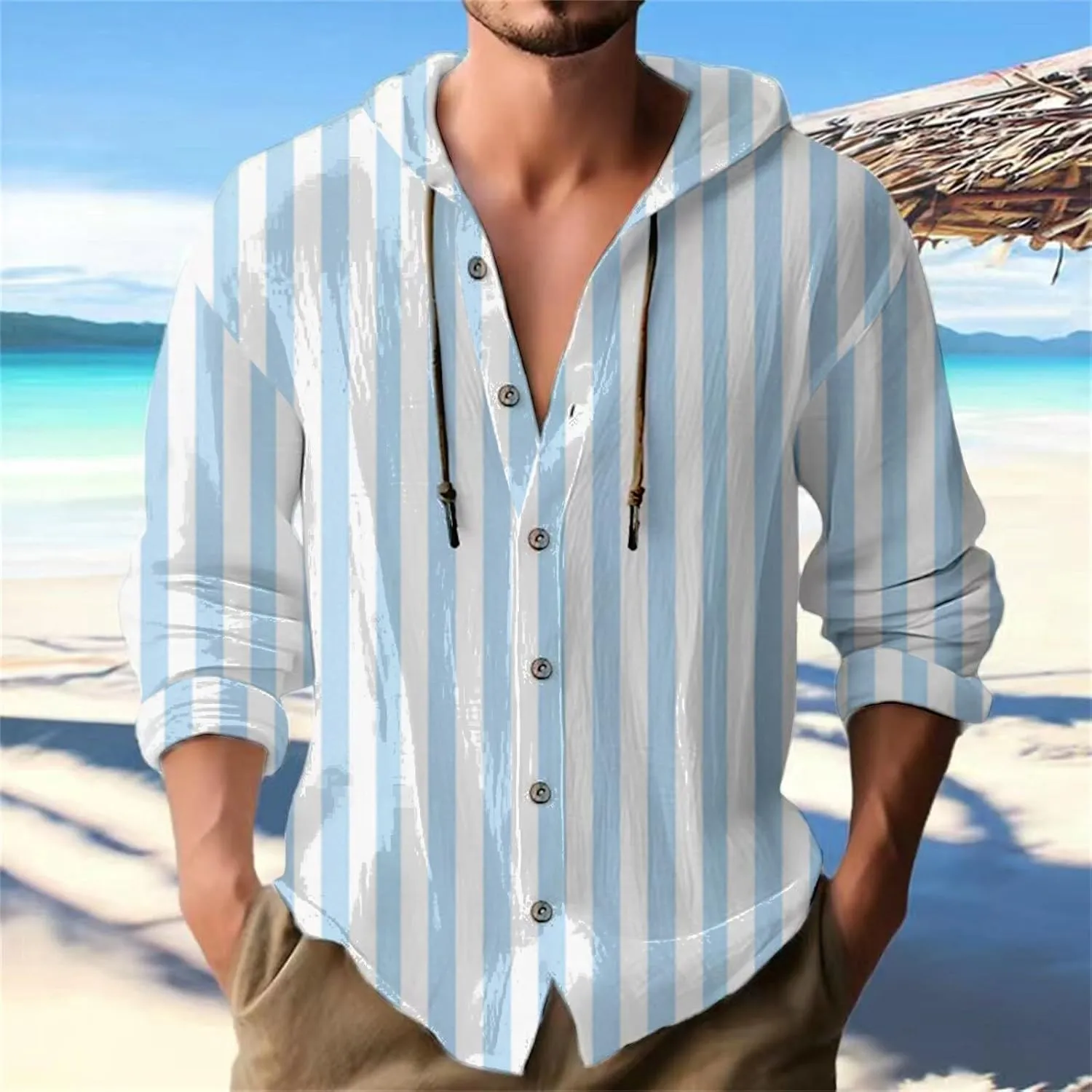 Mens Fashion Striped Print Hoodies Cotton Linen Long Sleeve Lightweight Hooded Drawstring Button Down Beach Shirts