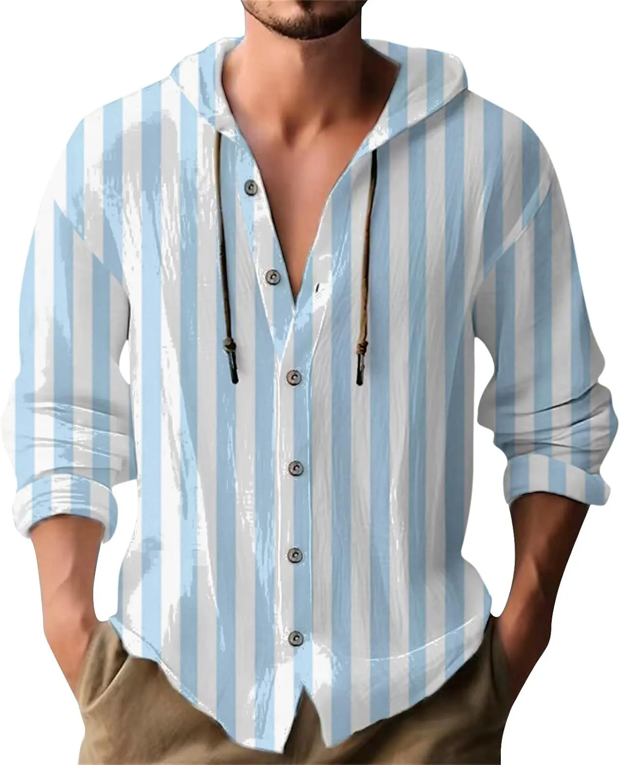 Mens Fashion Striped Print Hoodies Cotton Linen Long Sleeve Lightweight Hooded Drawstring Button Down Beach Shirts
