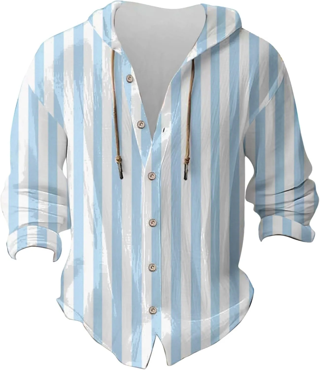 Mens Fashion Striped Print Hoodies Cotton Linen Long Sleeve Lightweight Hooded Drawstring Button Down Beach Shirts