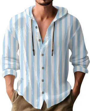 Mens Fashion Striped Print Hoodies Cotton Linen Long Sleeve Lightweight Hooded Drawstring Button Down Beach Shirts