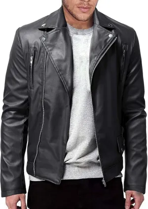 Men's Faux Leather Jacket Solid Color Notched Lapel Zipper Pocket Thermal Winter Fashion Casual Silm Fit Biker Jacket