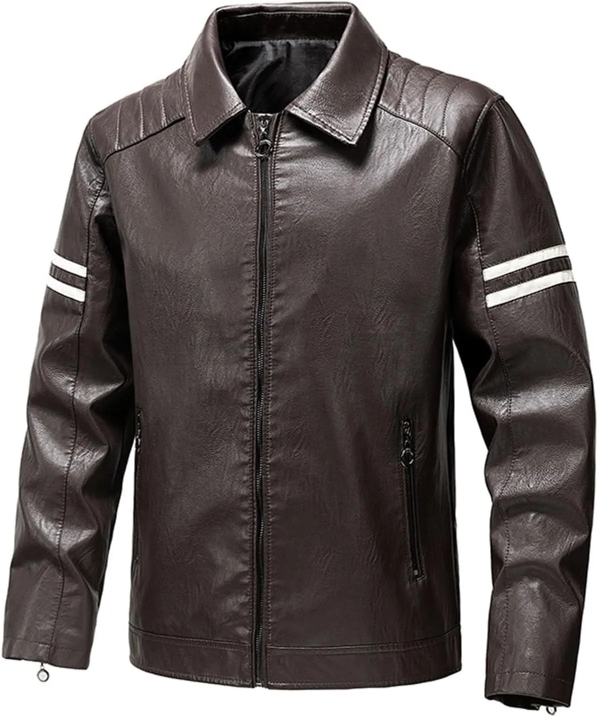 Men's Faux Leather Jacket Vintage Lapel Zipper Striped Pocketed Thermal Winter Fashion Casual Silm Fit Biker Jacket