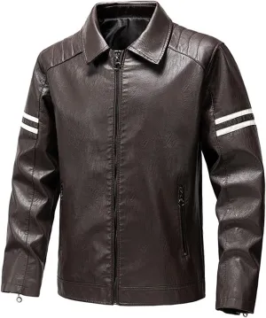 Men's Faux Leather Jacket Vintage Lapel Zipper Striped Pocketed Thermal Winter Fashion Casual Silm Fit Biker Jacket