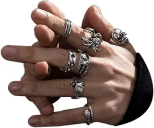 Men's Gothic Punk Rings Vintage Silver Open Ring Bulky Hippie Rings Cool Gothic Ring, Statement Stacking Ring for Men