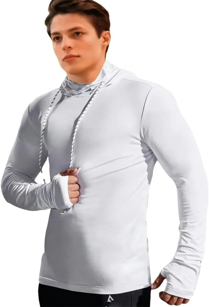 Men's gym thin hoodie long sleeve top with face mask sweatshirt casual patchwork hooded sweatshirt