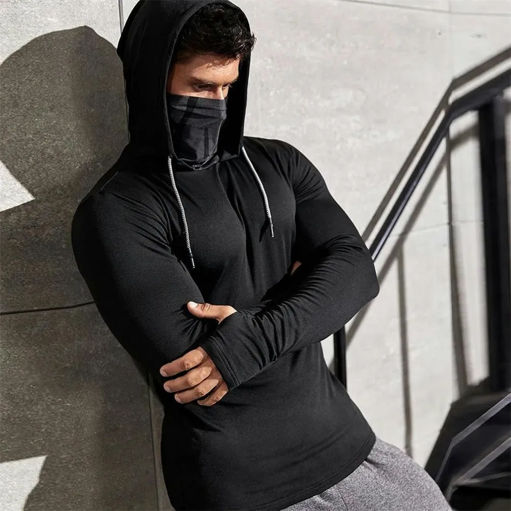 Men's gym thin hoodie long sleeve top with face mask sweatshirt casual patchwork hooded sweatshirt