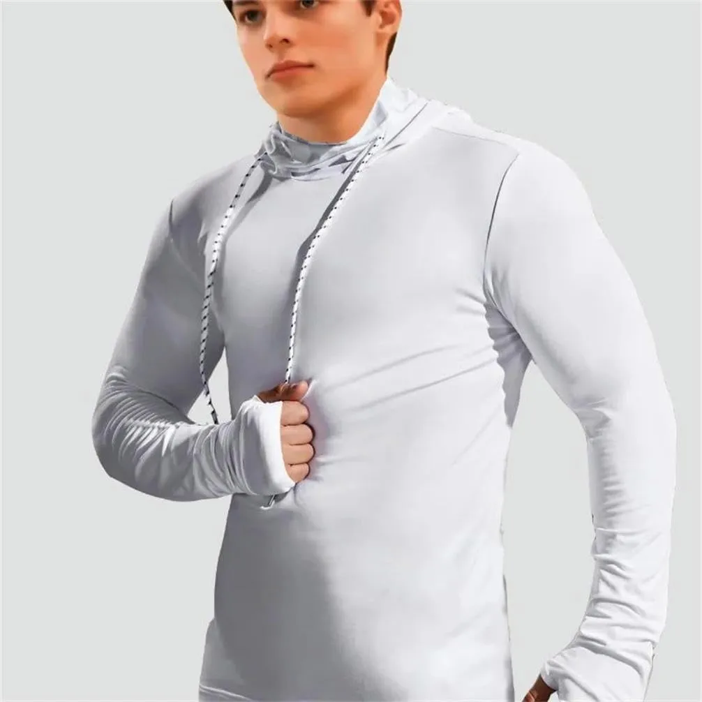 Men's gym thin hoodie long sleeve top with face mask sweatshirt casual patchwork hooded sweatshirt